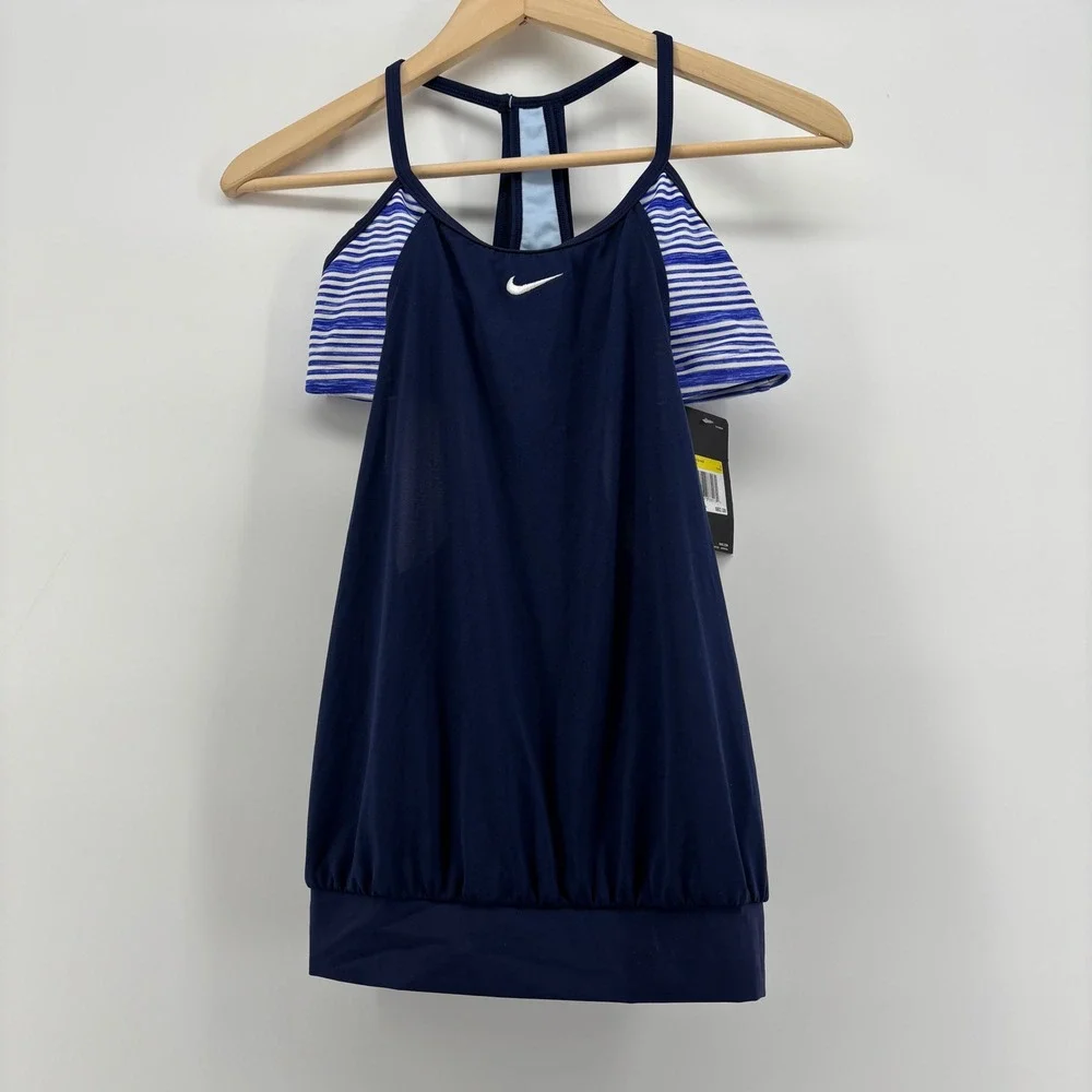 NWT Nike Womens Swim Tankini Top S Navy Blue Striped 2-in-1 Racerback‎ Vacation